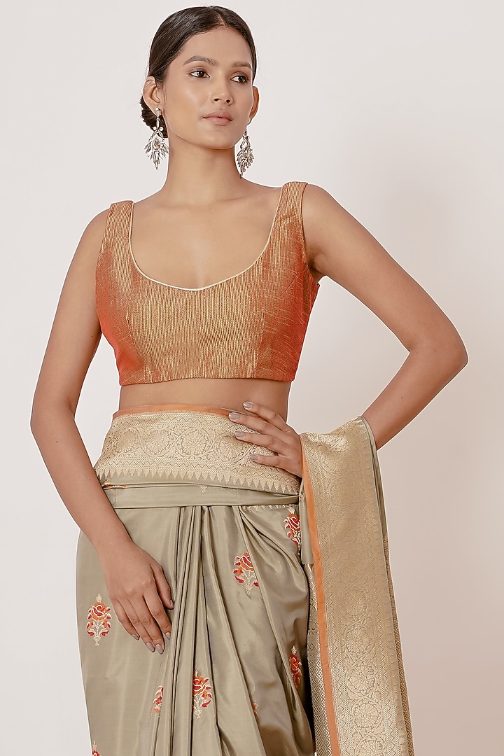 Olive Gold Embroidered Handwoven Wedding Saree Set by Aharin India at Pernia's Pop Up Shop
