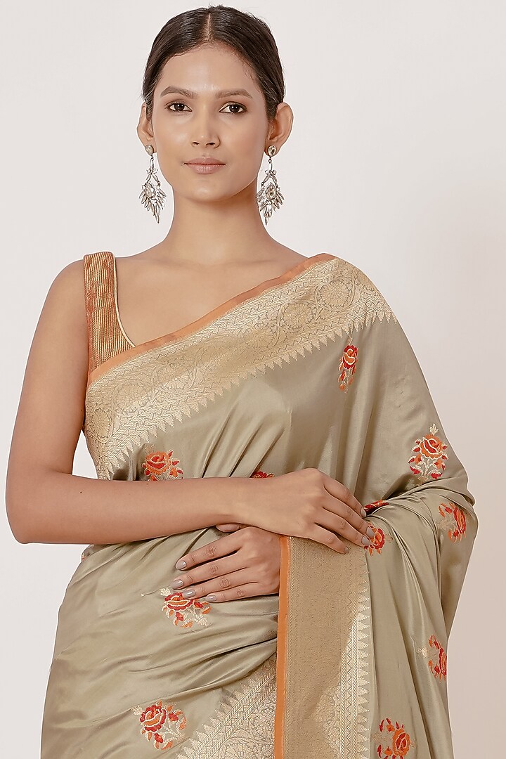 Olive Gold Embroidered Handwoven Wedding Saree Set by Aharin India at Pernia's Pop Up Shop