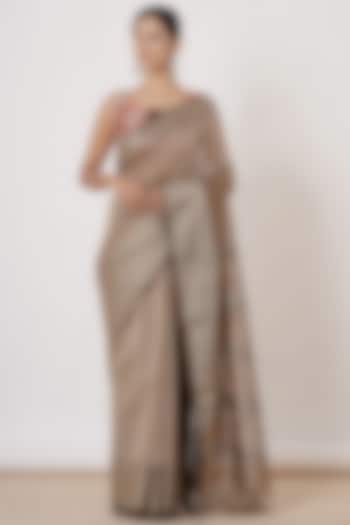 Dusty Gold Embroidered Handwoven Saree Set by Aharin India