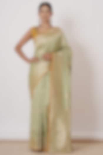 Dusty Pista Green Pure Banarasi Silk Handwoven Saree Set by Aharin India