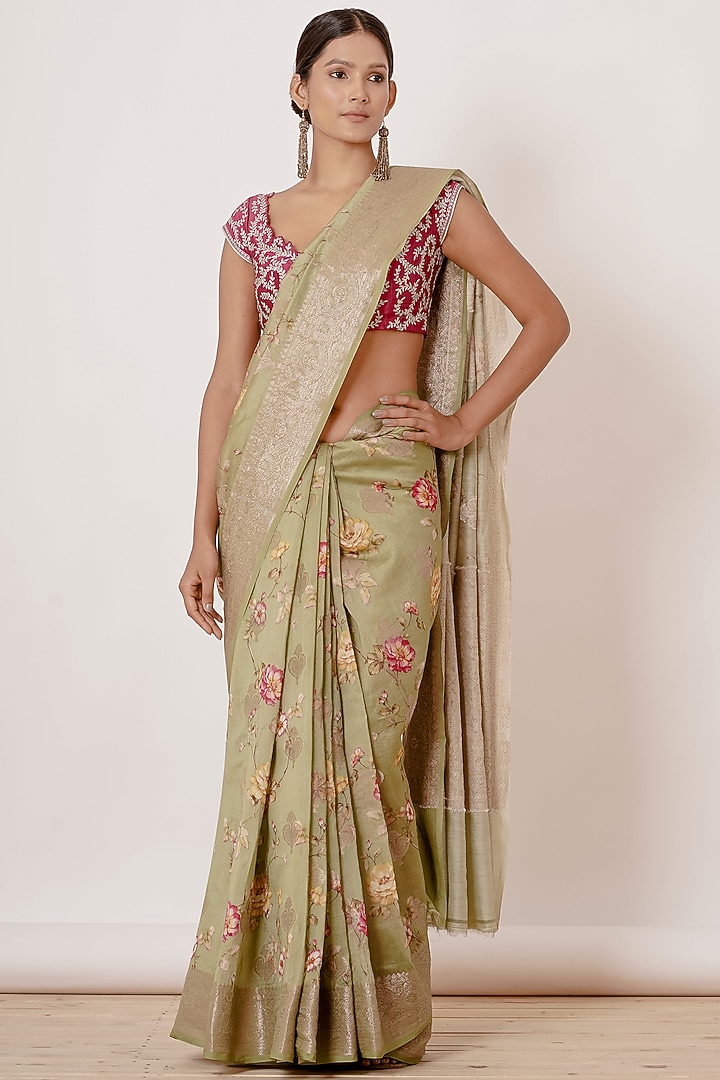 Dusty Green Pure Banarasi Silk Digital Printed & Zari Embroidered Handwoven Wedding Saree Set by Aharin India at Pernia's Pop Up Shop