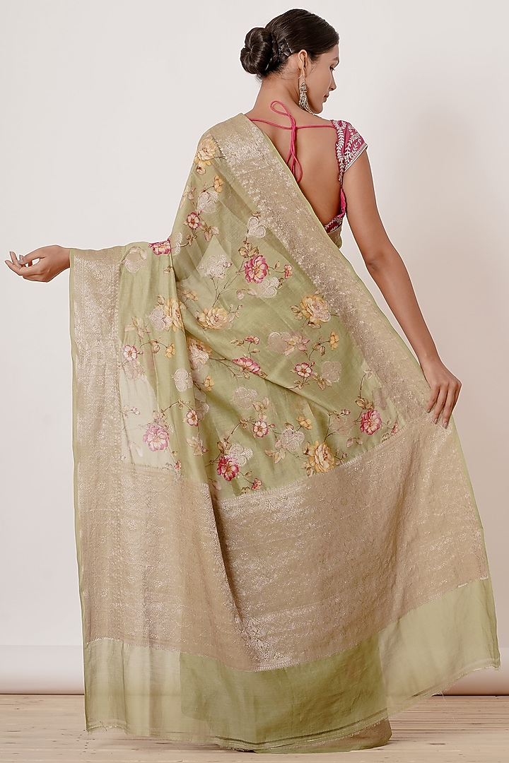 Dusty Green Pure Banarasi Silk Digital Printed & Zari Embroidered Handwoven Wedding Saree Set by Aharin India at Pernia's Pop Up Shop