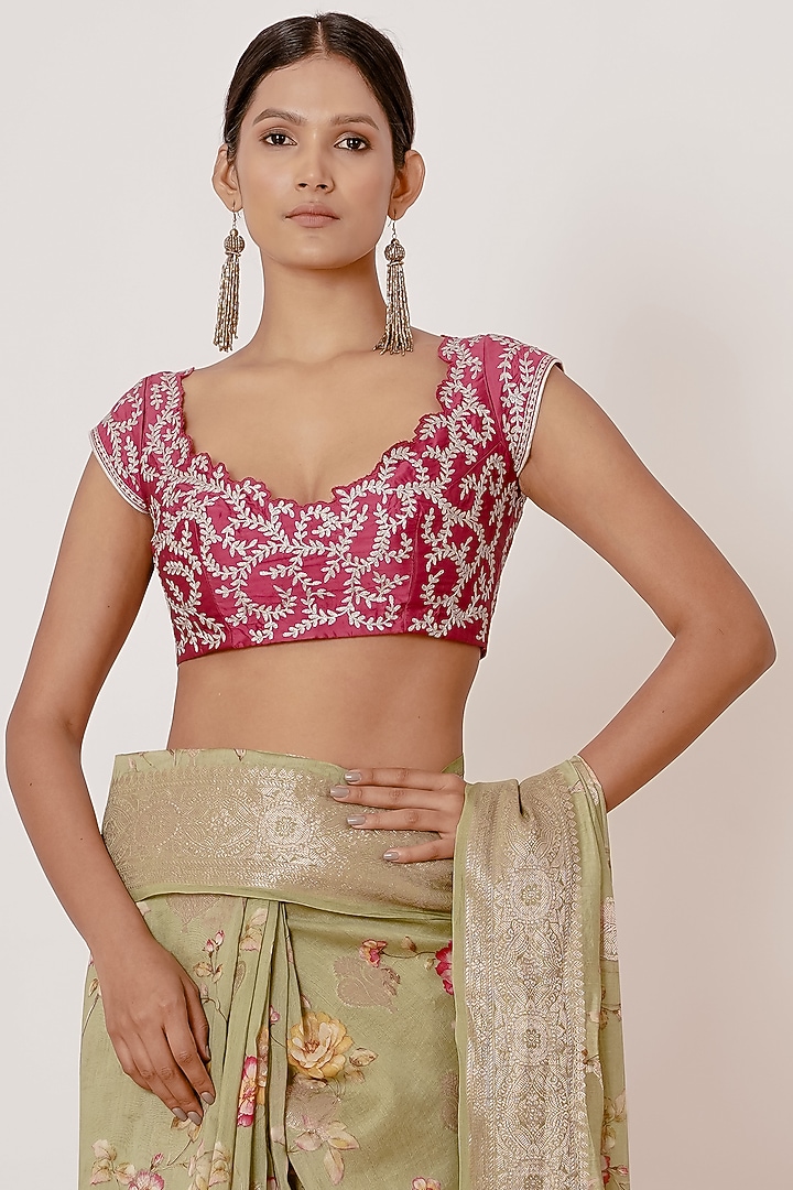 Dusty Green Pure Banarasi Silk Digital Printed & Zari Embroidered Handwoven Wedding Saree Set by Aharin India at Pernia's Pop Up Shop
