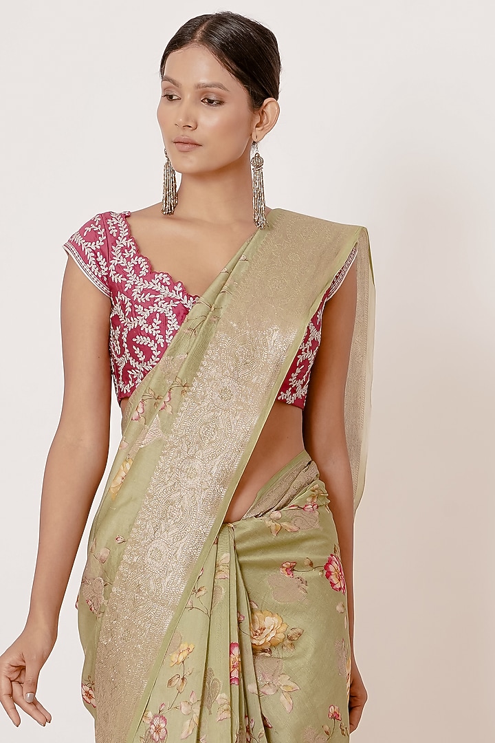 Dusty Green Pure Banarasi Silk Digital Printed & Zari Embroidered Handwoven Wedding Saree Set by Aharin India at Pernia's Pop Up Shop