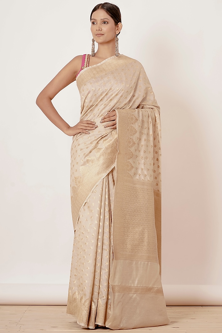 Ivory Embroidered Handwoven Saree Set by Aharin India