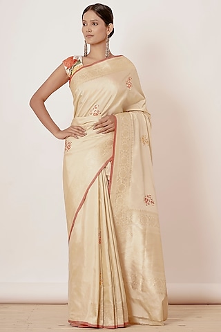 Gold Pure Banarasi Silk Embroidered Saree Set by Aharin India