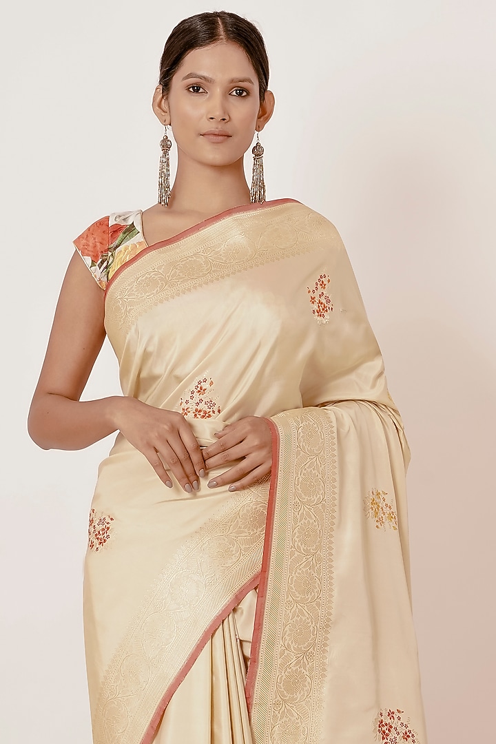 Gold Pure Banarasi Silk Embroidered Wedding Saree Set by Aharin India at Pernia's Pop Up Shop