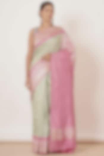 Pista Green Pure Dupion Banarasi Silk Handwoven Saree Set by Aharin India
