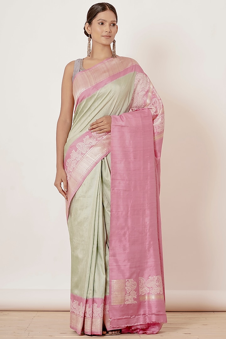 Pista Green Pure Dupion Banarasi Silk Handwoven Saree Set by Aharin India