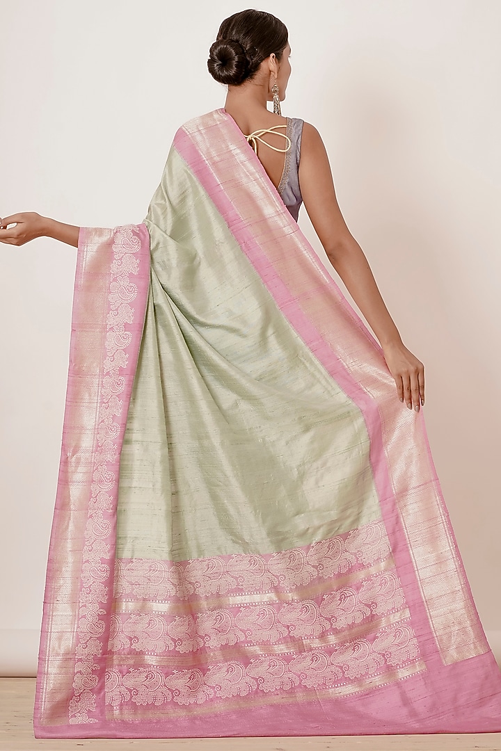 Pista Green Pure Dupion Banarasi Silk Handwoven Wedding Saree Set by Aharin India at Pernia's Pop Up Shop