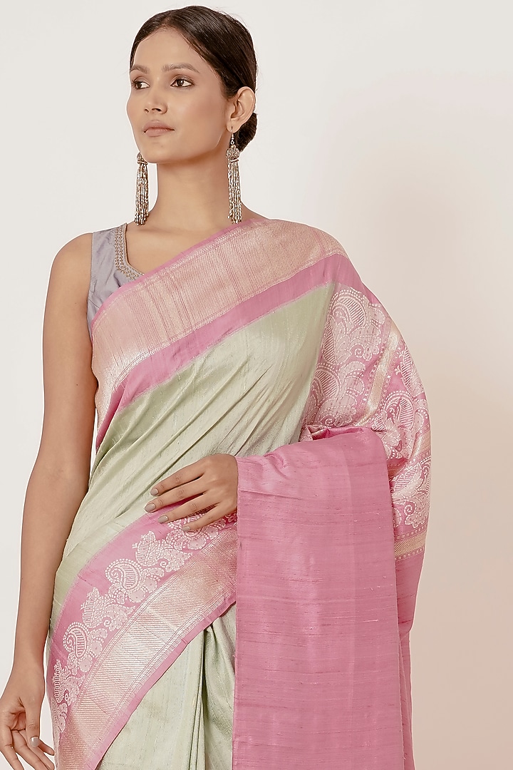 Pista Green Pure Dupion Banarasi Silk Handwoven Wedding Saree Set by Aharin India at Pernia's Pop Up Shop