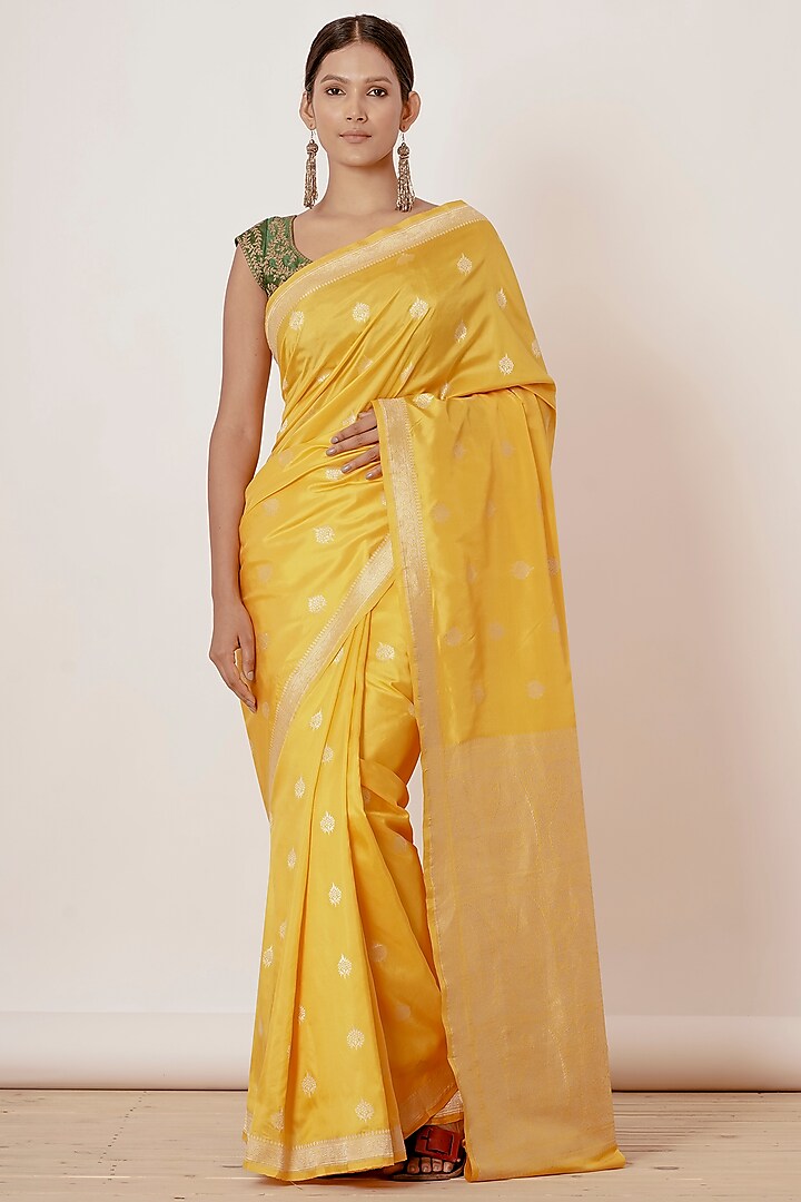 Dandelion Yellow Zari Pure Banarasi Silk Saree Set by Aharin India