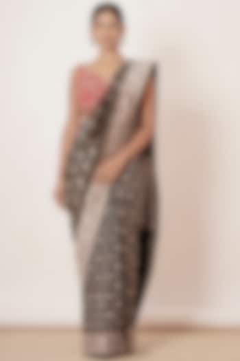 Black Zari Embroidered Handwoven Saree Set by Aharin India