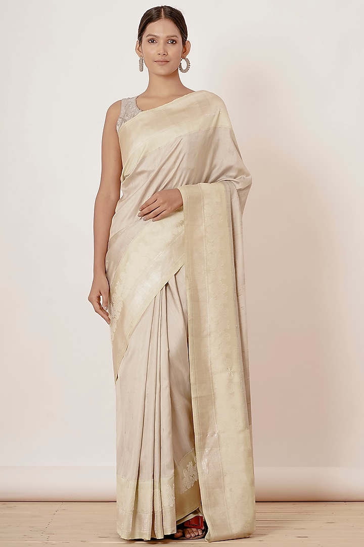 Ivory Pure Dupion Banarasi Silk Handwoven Saree Set by Aharin India
