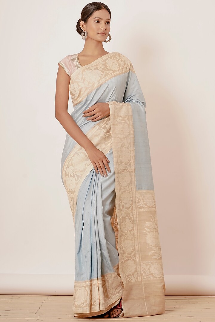 Light Blue Pure Dupion Banarasi Silk Handwoven Saree Set by Aharin India