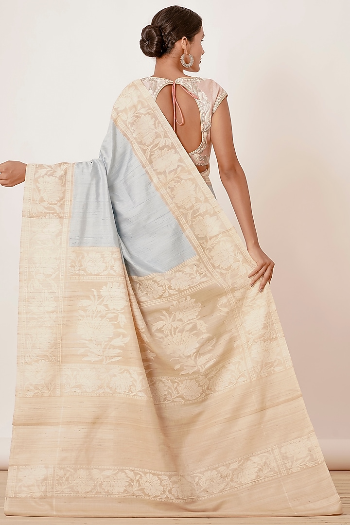 Light Blue Pure Dupion Banarasi Silk Handwoven Wedding Saree Set by Aharin India at Pernia's Pop Up Shop