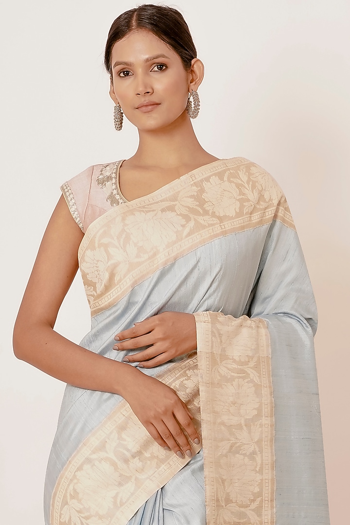 Light Blue Pure Dupion Banarasi Silk Handwoven Wedding Saree Set by Aharin India at Pernia's Pop Up Shop