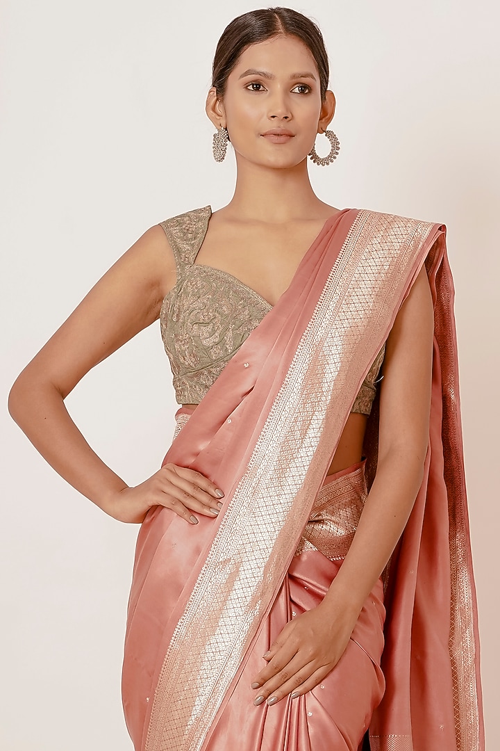 Dusty Peach Banarasi Silk Embroidered Wedding Saree Set by Aharin India at Pernia's Pop Up Shop