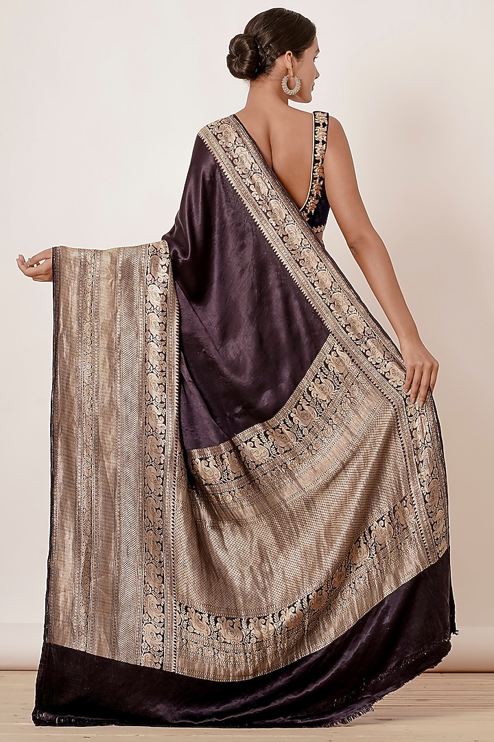 Coffee Brown Banarasi Silk Wedding Saree Set by Aharin India at Pernia's Pop Up Shop