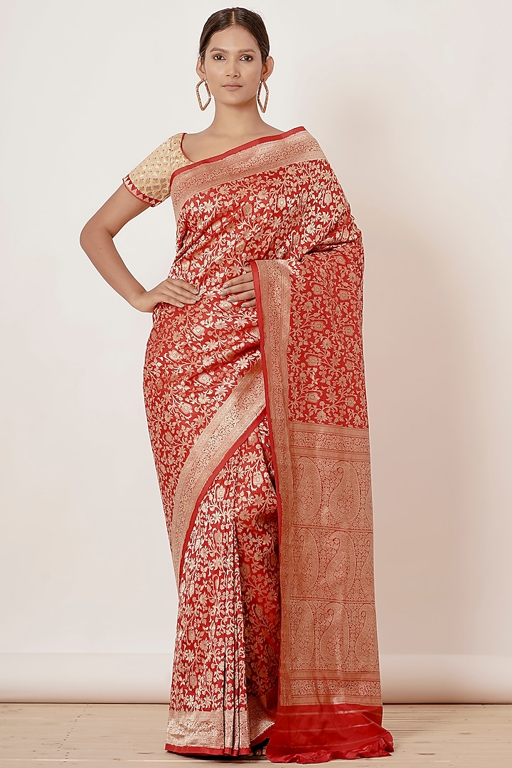Red Pure Banarasi Silk Zari Embroidered Saree Set by Aharin India