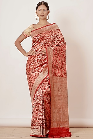 Red Pure Banarasi Silk Zari Embroidered Saree Set by Aharin India