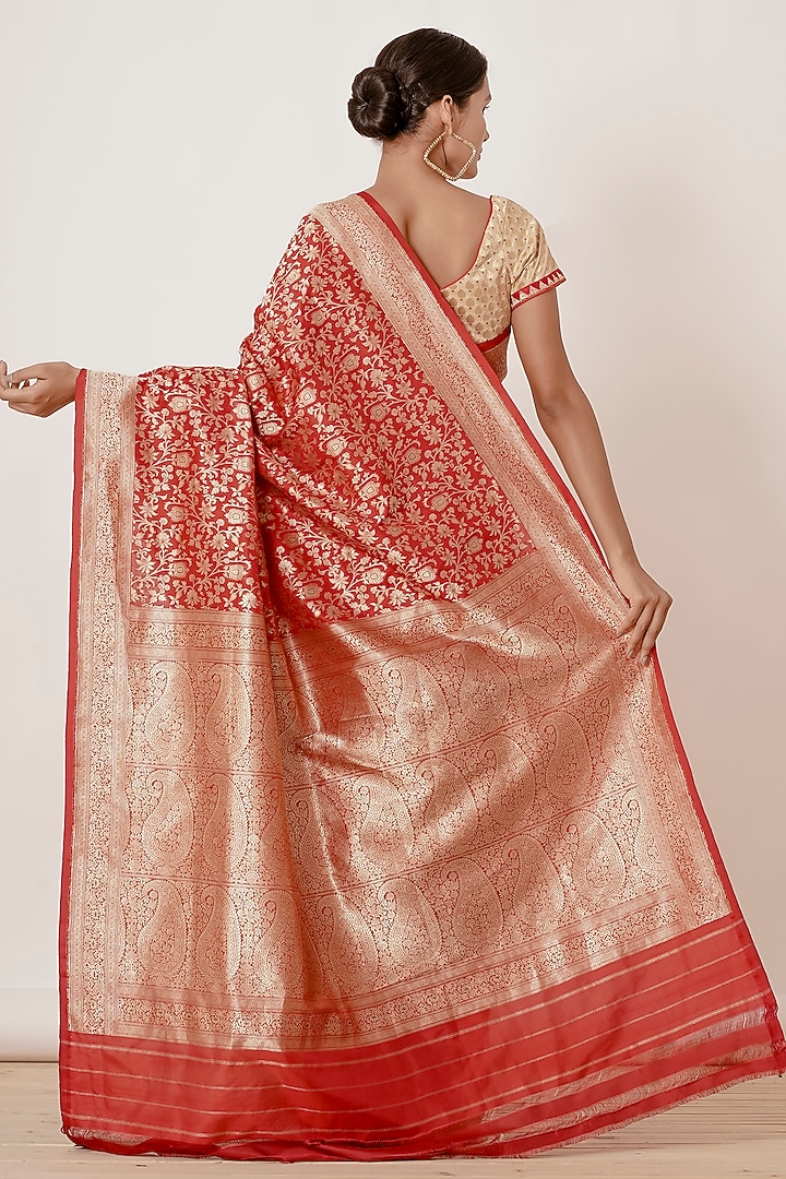 Red Pure Banarasi Silk Zari Embroidered Wedding Saree Set by Aharin India at Pernia's Pop Up Shop