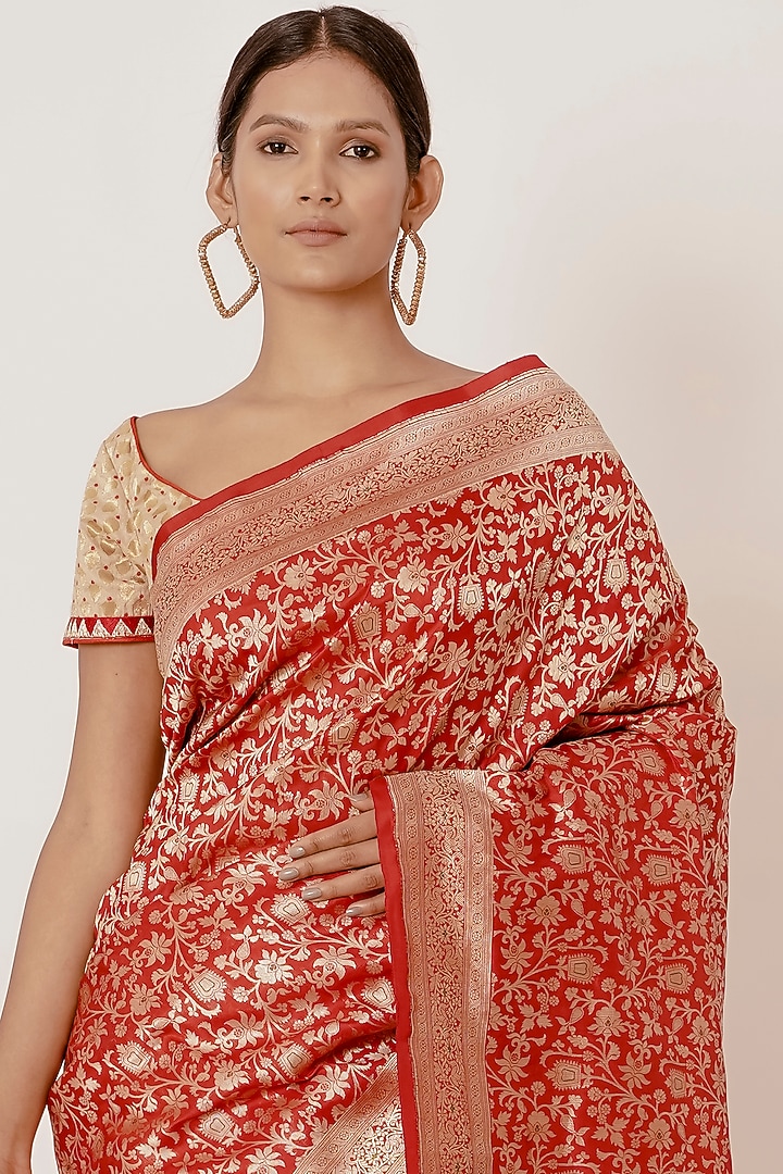 Red Pure Banarasi Silk Zari Embroidered Wedding Saree Set by Aharin India at Pernia's Pop Up Shop