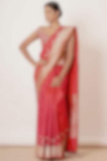 Red & Pink Banarasi Silk Saree Set by Aharin India