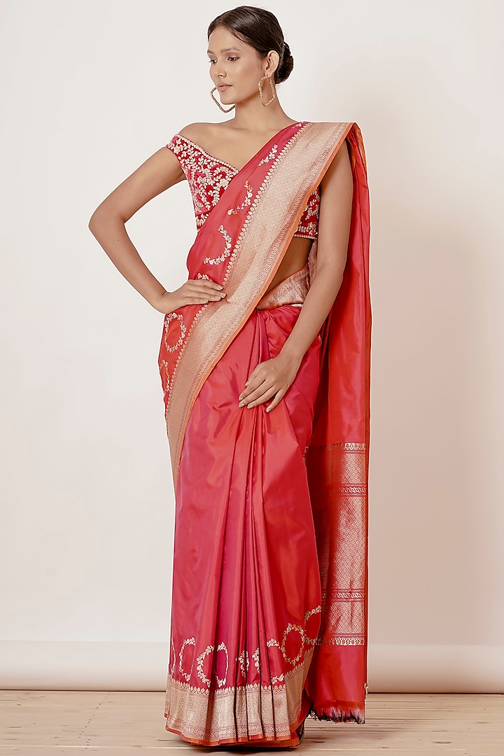 Red & Pink Banarasi Silk Saree Set by Aharin India