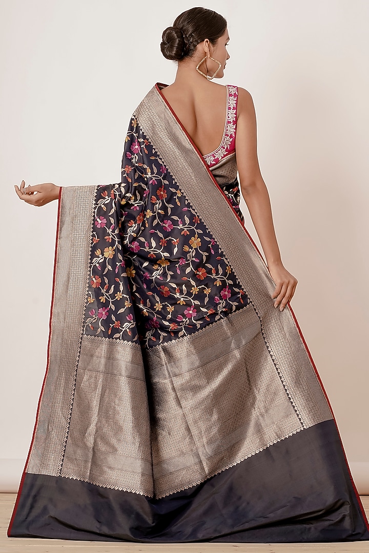 Black Banarasi Silk Wedding Saree Set by Aharin India at Pernia's Pop Up Shop