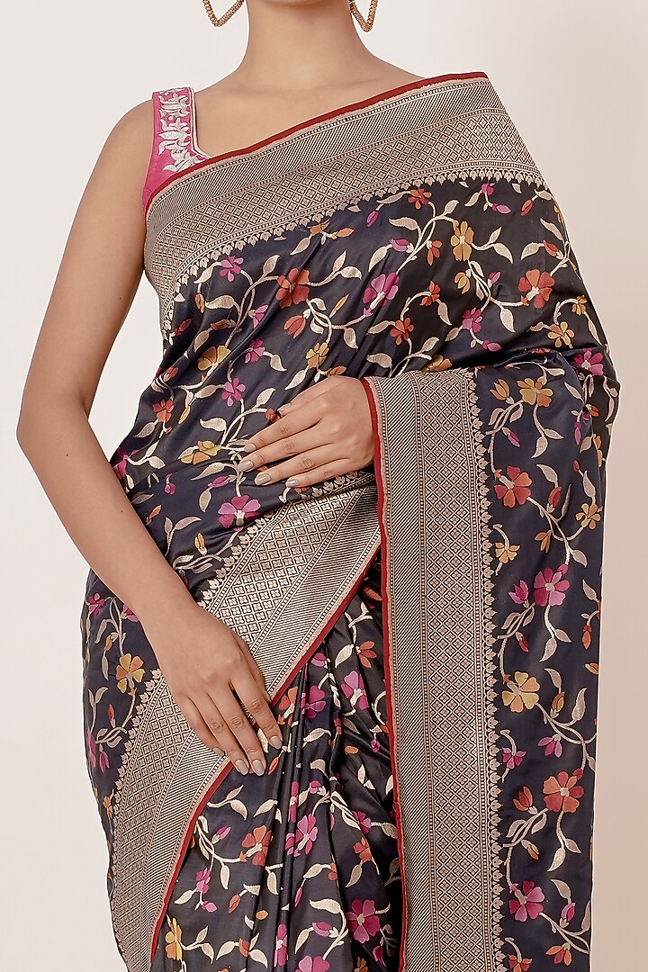Black Banarasi Silk Wedding Saree Set by Aharin India at Pernia's Pop Up Shop