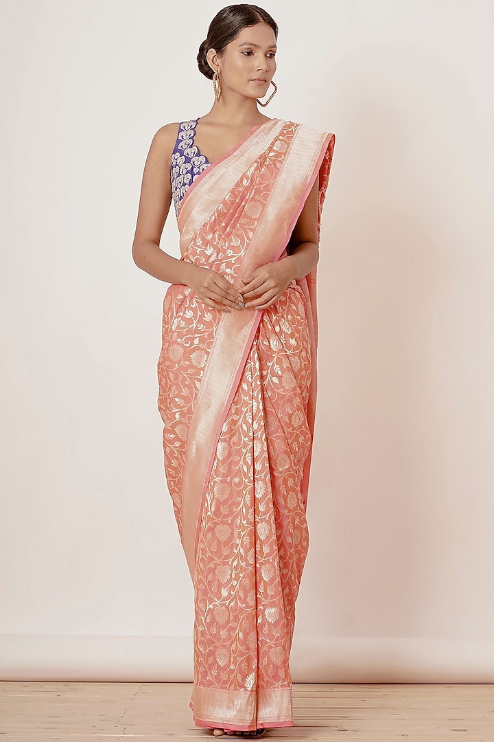 Light Peach Banarasi Silk Zari Embroidered Saree Set by Aharin India