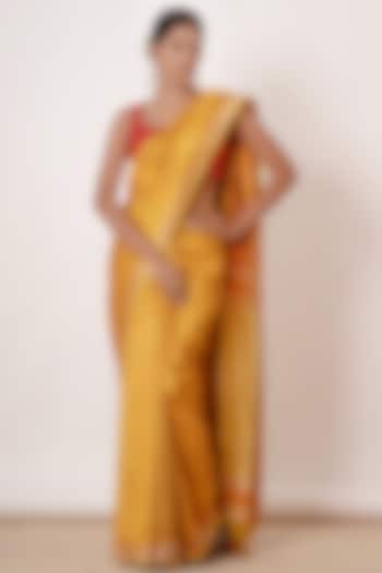 Mustard Yellow Banarasi Silk Saree Set by Aharin India