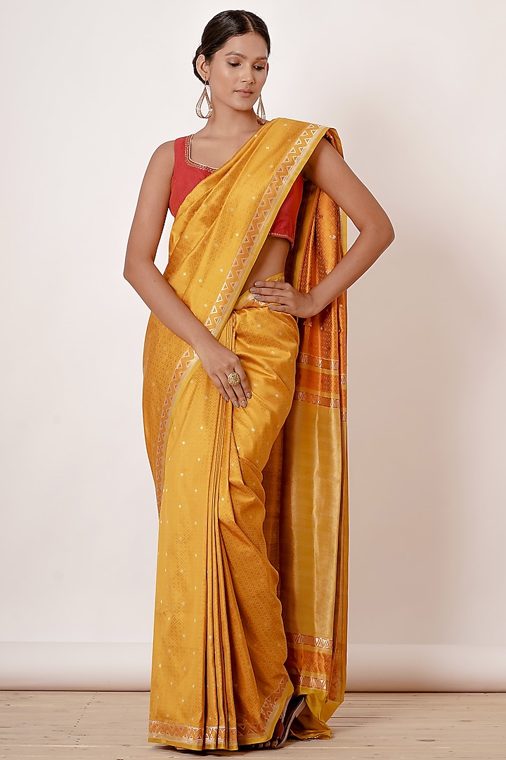 Mustard Yellow Banarasi Silk Saree Set by Aharin India at Pernia's Pop Up Shop