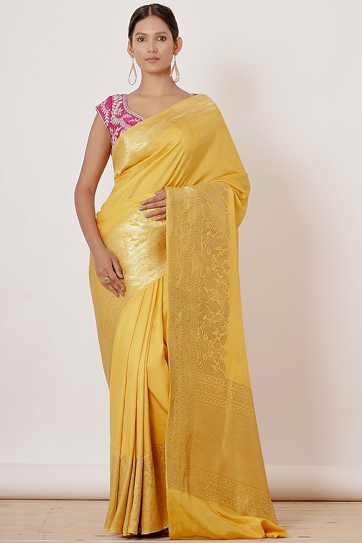 Bright Yellow Pure Banarasi Silk Wedding Saree Set by Aharin India at Pernia's Pop Up Shop