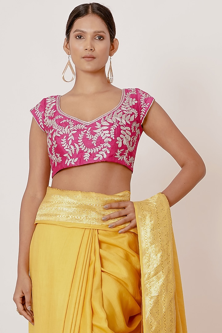 Bright Yellow Pure Banarasi Silk Wedding Saree Set by Aharin India at Pernia's Pop Up Shop