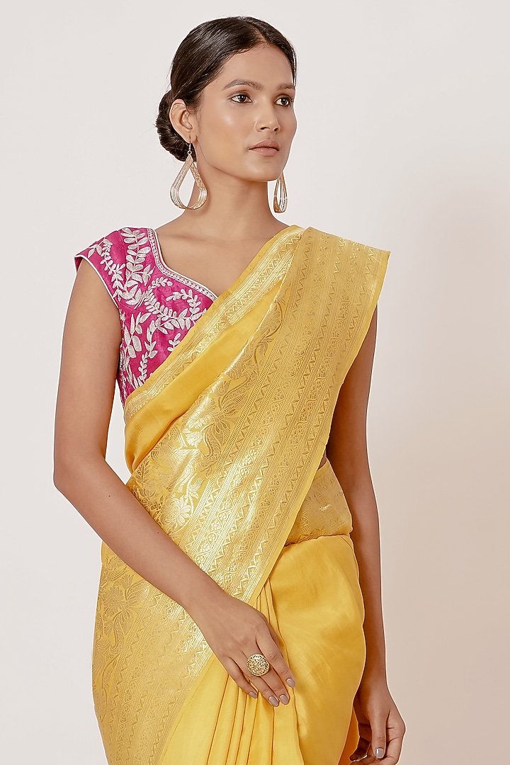 Bright Yellow Pure Banarasi Silk Wedding Saree Set by Aharin India at Pernia's Pop Up Shop