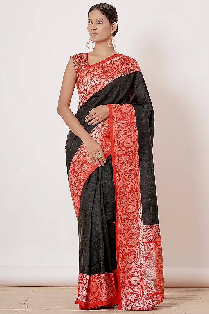 Black Pure Dupion Banarasi Silk Saree Set by Aharin India