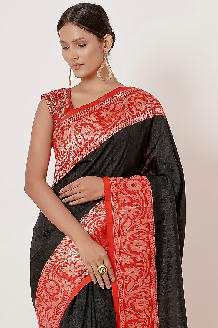 Black Pure Dupion Banarasi Silk Wedding Saree Set by Aharin India at Pernia's Pop Up Shop