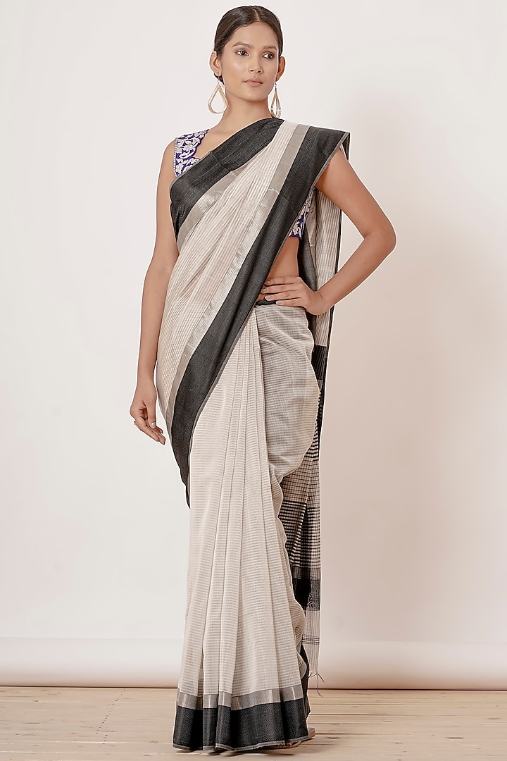 Ivory Pure Maheshwari Silk Saree Set by Aharin India