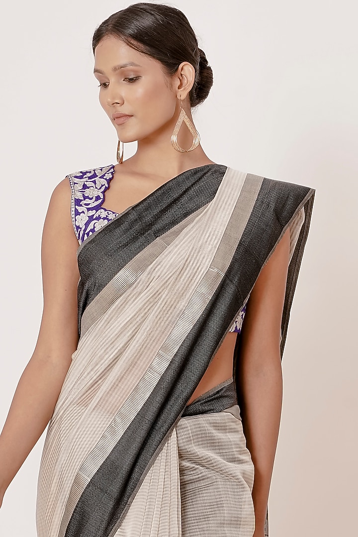 Ivory Banarasi Silk Maheshwari Wedding Saree Set by Aharin India at Pernia's Pop Up Shop