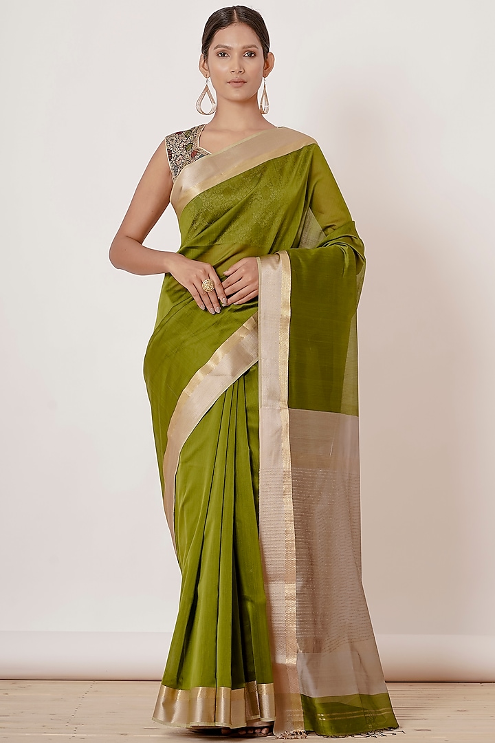 Olive Green Pure Handwoven Chanderi Saree Set by Aharin India