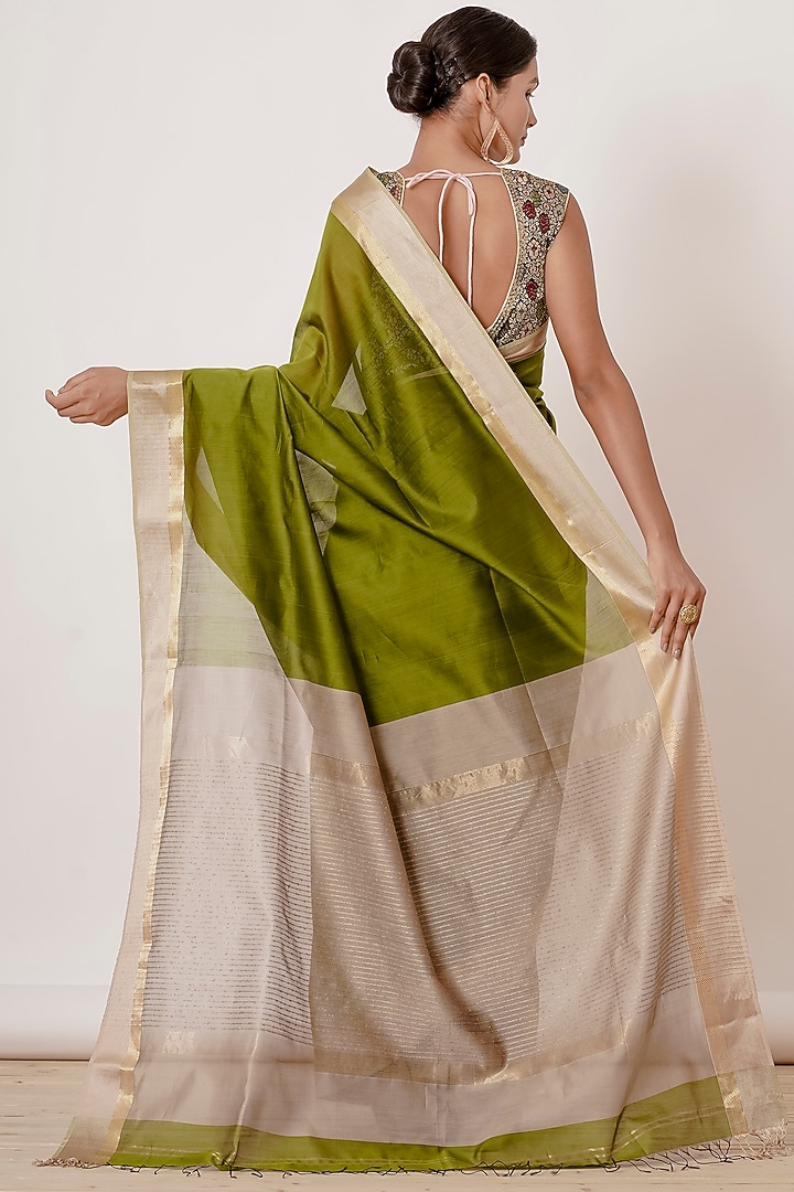 Olive Green Pure Handwoven Chanderi Wedding Saree Set by Aharin India at Pernia's Pop Up Shop