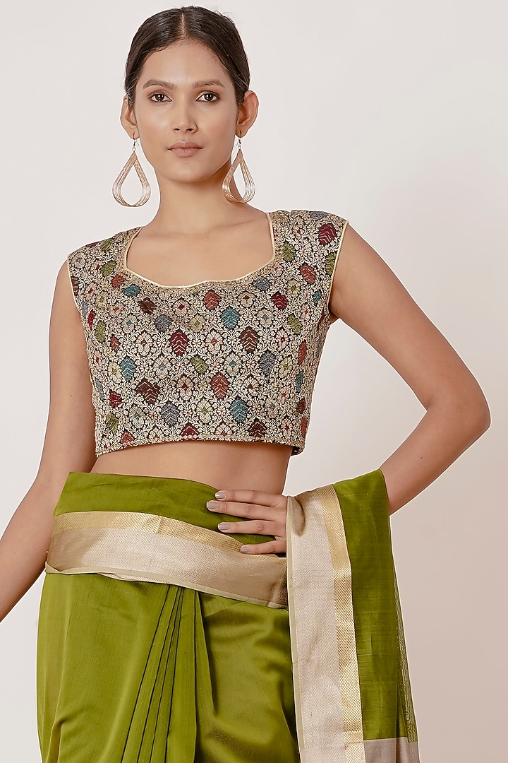 Olive Green Pure Handwoven Chanderi Wedding Saree Set by Aharin India at Pernia's Pop Up Shop