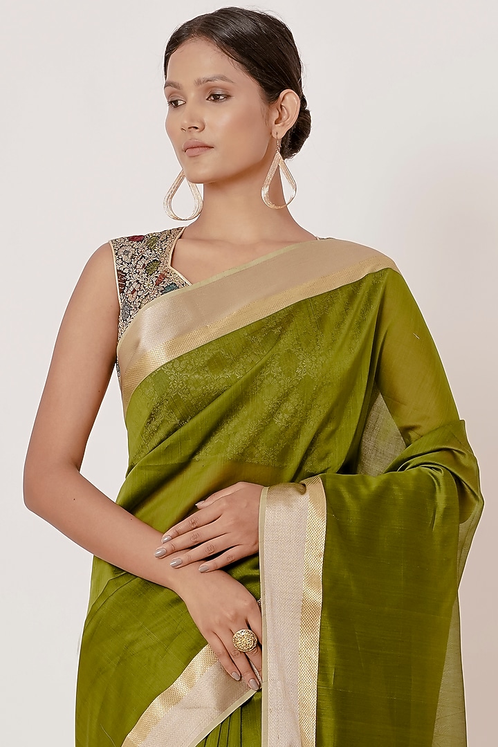 Olive Green Pure Handwoven Chanderi Wedding Saree Set by Aharin India at Pernia's Pop Up Shop