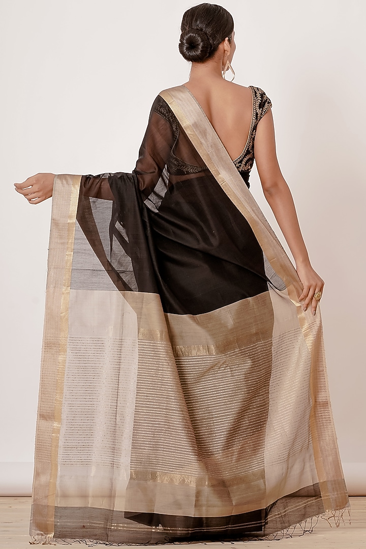 Royal Black Pure Handwoven Chanderi Wedding Saree Set by Aharin India at Pernia's Pop Up Shop
