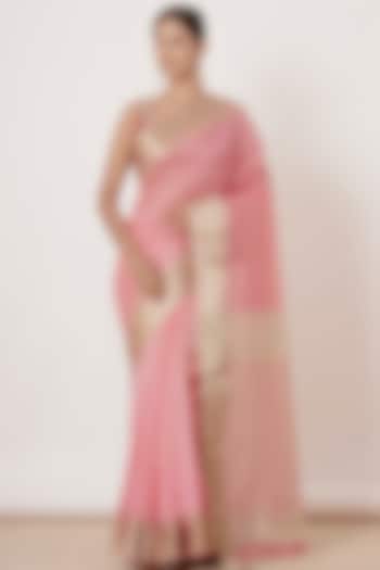 Light Pink Pure Handwoven Chanderi Saree Set by Aharin India