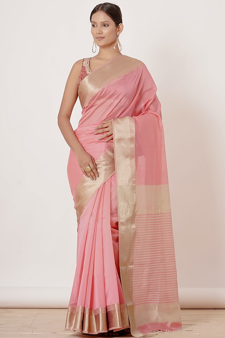 Light Pink Pure Handwoven Chanderi Saree Set by Aharin India