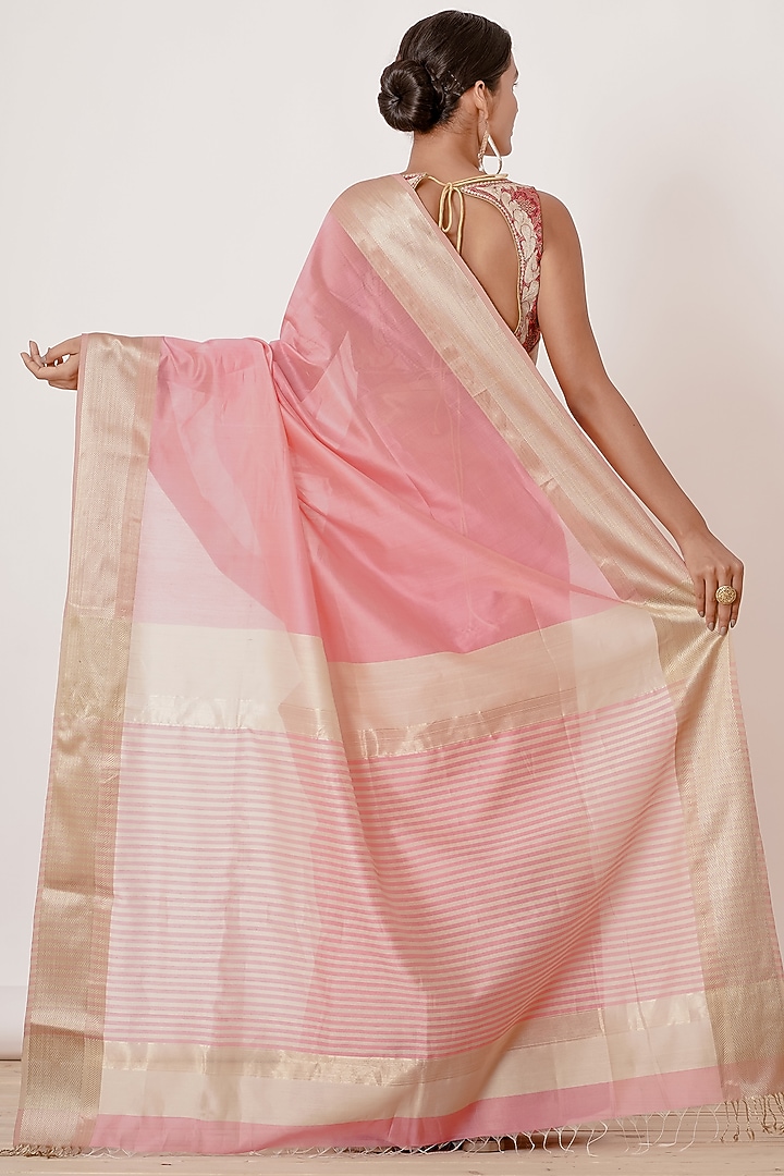 Light Pink Pure Handwoven Chanderi Wedding Saree Set by Aharin India at Pernia's Pop Up Shop