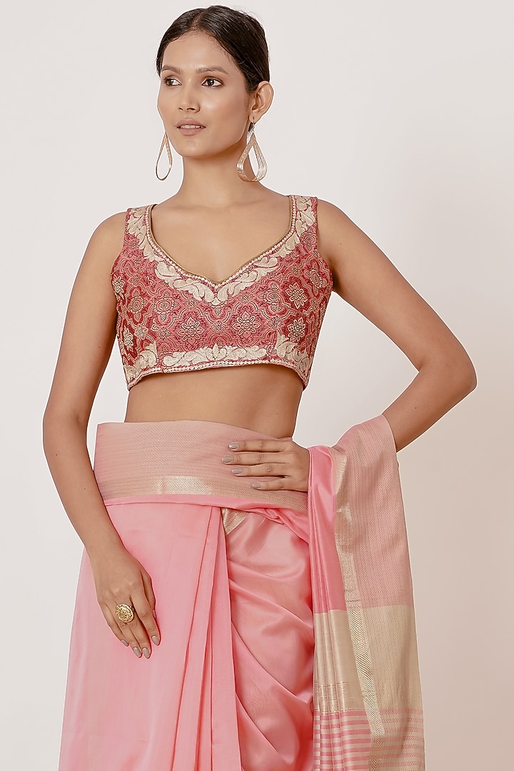 Light Pink Pure Handwoven Chanderi Wedding Saree Set by Aharin India at Pernia's Pop Up Shop